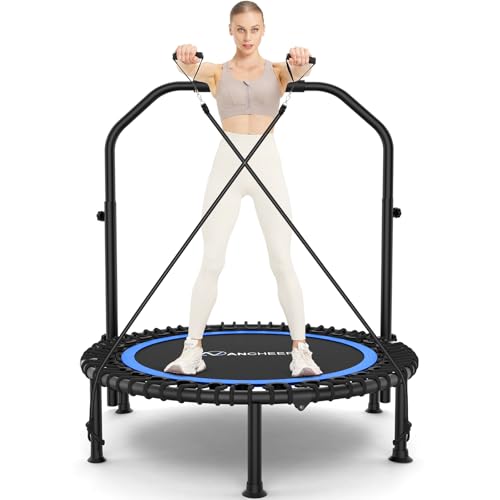 ANCHEER 40"/48" Foldable Mini Trampoline,Max Load 450lbs/550lbs Indoor Trampoline,with 4 Level Adjustable Foam Handle and Resistance Bands,Adult Exercise Trampoline for Home, Garden, and Gym - color: Blue, size: 48 inch