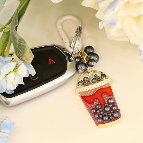 Madison Tyler Western Cowboy Boots Cherry Bow Bubble Tea Strawberry Cute Keychain | Bag Charms for Handbags Purse Charms - color: Bubble Tea
