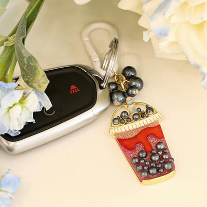 Madison Tyler Western Cowboy Boots Cherry Bow Bubble Tea Strawberry Cute Keychain | Bag Charms for Handbags Purse Charms - color: Bubble Tea