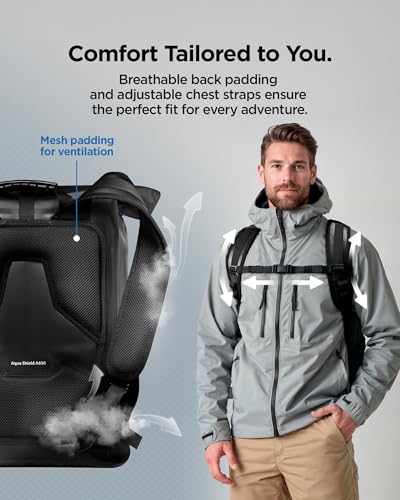 Spigen for Waterproof Backpack IPX6, 35L Roll Top Travel Rucksack Fits up to 16 Inch Laptop, Multi-Compartment Bag Ventilated Back, Chest Strap Hiking, Camping, Swimming, Canoeing, Fishing - color: Black (A650 35L)
