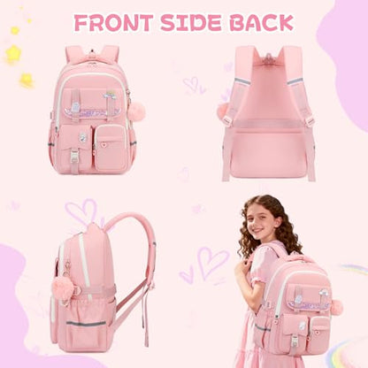 MUSEVOS Girls Backpack, Kids Backpack for Girls, School Bookbag for Teens Age 6-15, Large Capacity Water Resistant Backpack for Elementary to High School, Cute Travel Daypack, Pink - color: Pink