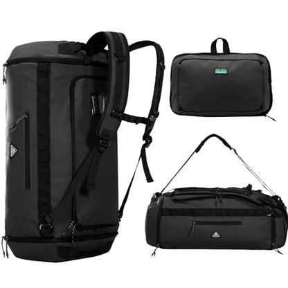 Haimont Foldable Duffel Bag Backpack with Shoe Compartment Water Resistant Large Travel Duffle Bag for Men Women to Hiking Camping Gym Sports, 50L, Upgrade, Black - color: Black