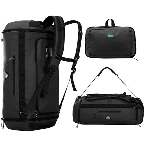 Haimont Foldable Duffel Bag Backpack with Shoe Compartment Water Resistant Large Travel Duffle Bag for Men Women to Hiking Camping Gym Sports, 50L, Upgrade, Black - color: Black