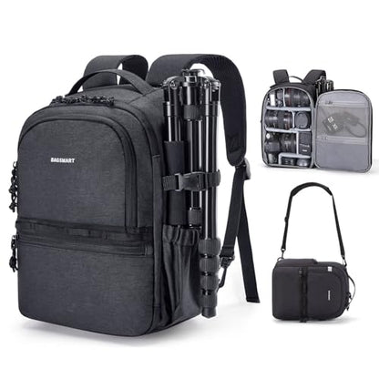 BAGSMART Camera Backpack, DSLR SLR Small Camera Bags for Photographers Compatible for Sony Canon Nikon, Shoulder Strap 2-in-1 Travel Backpack Fits 12.9" iPad, Black - color: Black
