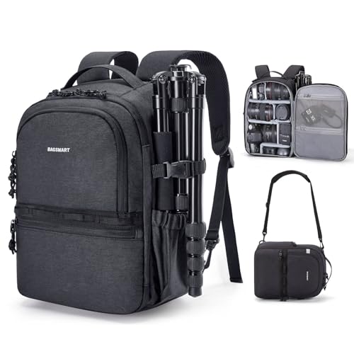 BAGSMART Camera Backpack, DSLR SLR Small Camera Bags for Photographers Compatible for Sony Canon Nikon, Shoulder Strap 2-in-1 Travel Backpack Fits 12.9" iPad, Black - color: Black