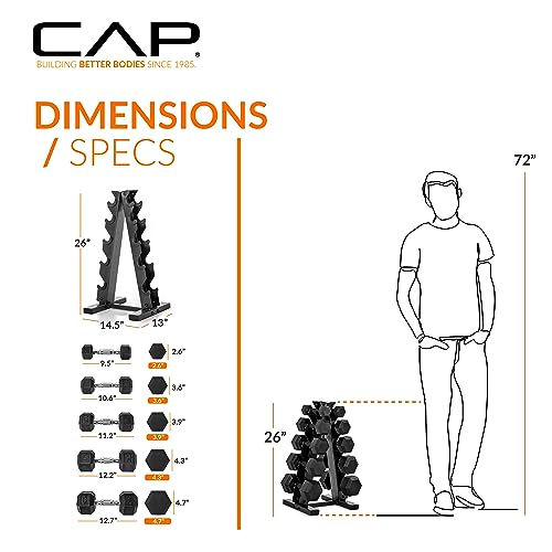 CAP Rubber Coated Hex Dumbbell Set with Storage Rack | 100–210 lb Options, Space-Saving Vertical Compact Storage for Home Gym Strength Training - size: 150 lb - Set, style: Chrome Handles