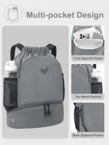 RHDZO Drawstring Backpack with Shoe Compartment and Wet Pocket, Large Gray - color: Large Gray, size: Large