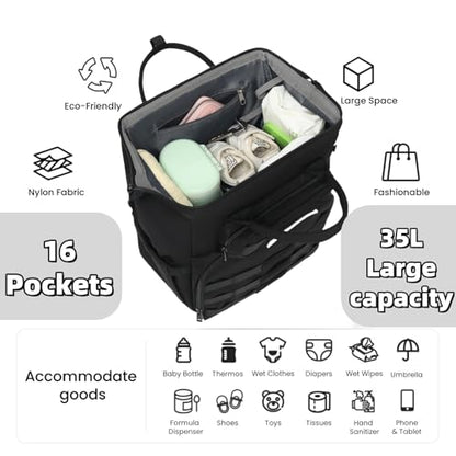 ROSEGIN Diaper Bag Backpack for Dad and Men, Large Travel Baby Bag with Changing Pad, Pacifier Case, Removable Flag Patch - Baby Shower Gifts - Shadow Black - color: Shadow Black
