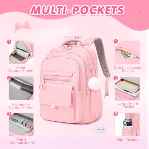 GeeWin Backpacks for Girls, Girls Backpack with Lunch Box & Pencil Case Set, 17 Inch Waterproof Girl Bookbag with Lots of Pockets for Kids, Teens, Elementary Middle High College School Student (Pink) - color: Pink