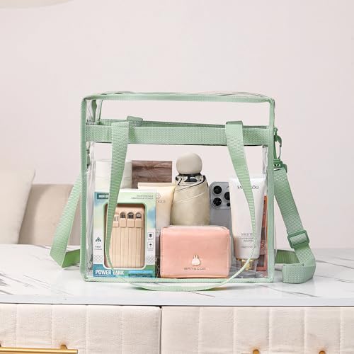 BAGAIL Clear Bags 12x6x12 Stadium Approved Clear Tote Bag with Zipper Closure Crossbody Shoulder Bag with Adjustable Strap - color: Matcha Green