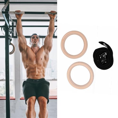POCREATION Gymnastics Rings Double Circle Wood Rings with Polyester Straps for Comprehensive Home Gym Workouts