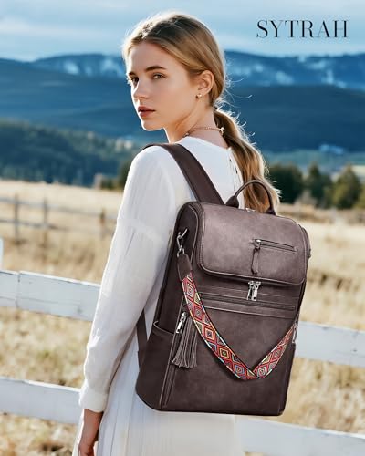 SYTRAH Leather Laptop Backpack for Women Designer Laptop Bag, 16.5 inch Travel Computer Backpacks Purse with Tassel for Work Business with Satchel Purse Dark Coffee - color: Dark Coffee