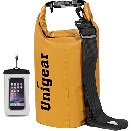 Unigear Dry Bag Waterproof, 2L/5L/10L/20L/30L/40L Floating and Lightweight Bags for Kayaking, Boating, Fishing, Swimming and Camping with Waterproof Phone Case - color: Pale Yellow, size: 2L