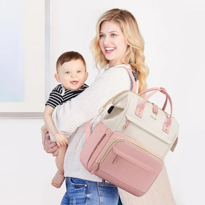 LOVEVOOK Diaper Bag Backpack, Baby Bag with Changing Station, Large Diaper Backpack for Moms Dads, Waterproof Leather Accents Baby Boy and Girl Bag for Travel Baby Essentials, Pink-Beige - color: Pink-beige