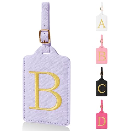 Personalized Initial Luggage Tags for Suitcases,Leather Letter Cute Luggage Tags with Privacy Name Card,Embroidered Monogrammed Travel Bag Backpack Tag Gifts for Women Kids Girls Teens(Purple-B) - color: Purple, size: B