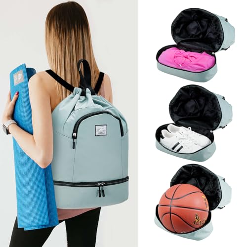 Kamo Drawstring Backpack Bag - Sport Swimming Yoga Backpack with Shoe Compartment, Two Water Bottle Holder for Men Women Large String Backpack Athletic Sackpack for Travel - color: Light Blue
