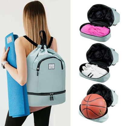 Kamo Drawstring Backpack Bag - Sport Swimming Yoga Backpack with Shoe Compartment, Two Water Bottle Holder for Men Women Large String Backpack Athletic Sackpack for Travel - color: Light Blue