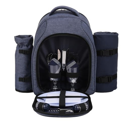 Apollo Walker Picnic Backpack Bag for 2 Person with Cooler Compartment, Detachable Bottle/Wine Holder, Fleece Blanket, Plates and Cutlery Set (2 Person, Navy) - color: Navy, size: 2 Person