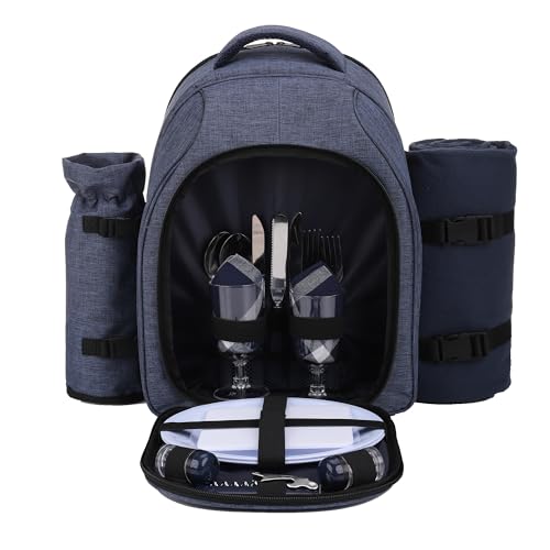 Apollo Walker Picnic Backpack Bag for 2 Person with Cooler Compartment, Detachable Bottle/Wine Holder, Fleece Blanket, Plates and Cutlery Set (2 Person, Navy) - color: Navy, size: 2 Person