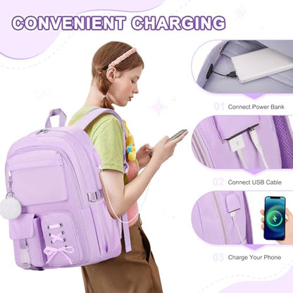 Scothen Backpacks for Girls, Girls Backpack with Lunch Box & Pencil Pouch for Teens Girl Kids Elementary Middle High School College Student Bookbag Daypack Laptop Travel Backpack for Women - color: Purple
