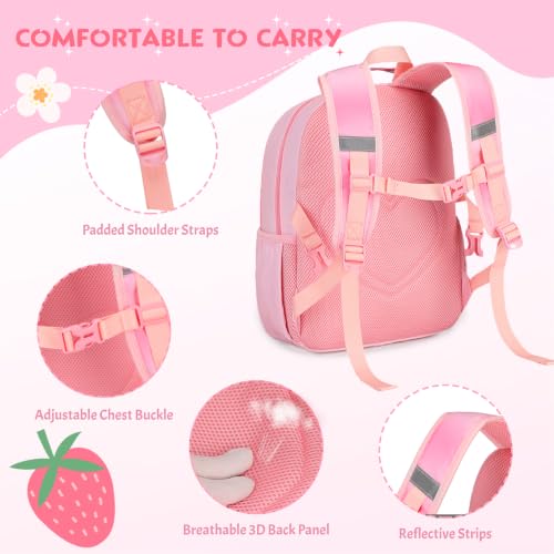 Kids Backpack for Girls 5-8, 4PCS Toddler Backpack with 13oz Kids Insulated Water Bottle, Lunch Box and Pencil Case, Girls Bookbag Schoolbag for Primary Kindergarten Elementary School - color: Strawberry Pink