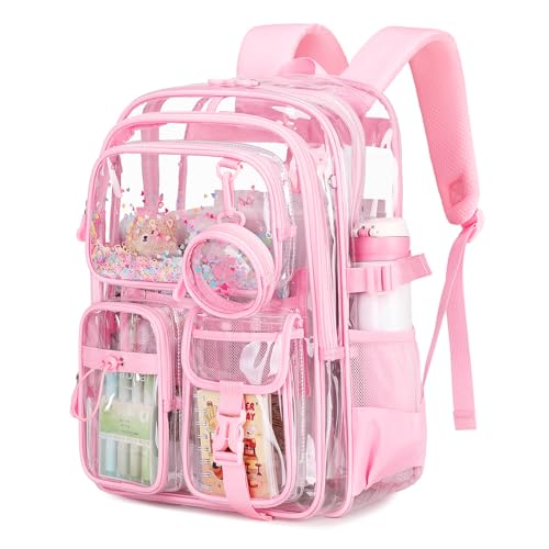 Clear Backpack for Girls School Clear Bookbag Stadium Events Heavy Duty Transparent Back Pack, Pink - color: Pink