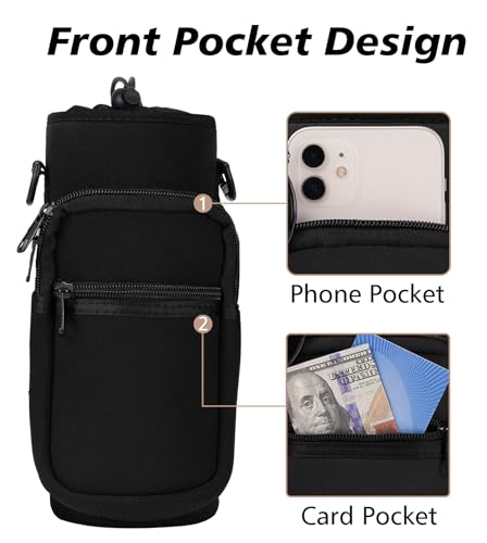 AceTreker 32 40 oz Water Bottle Carrier with Strap, Neoprene Water Bottle Sleeve Bag with 2 Pockets Insulated Flask Sling Holder for Walking Hiking Gym - color: A1. Black