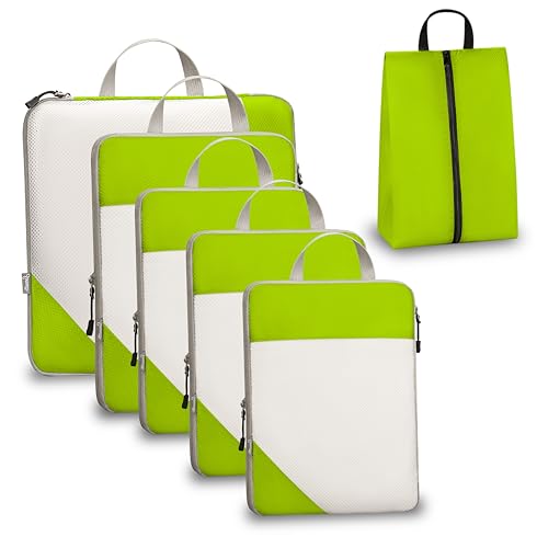 Compression Travel Packing Cubes with White Mesh, Green, 6Pcs | Waterproof fabric and See-Through Mesh, Space-Saving Compression Organizer for Travel and Daily Clothes Storage - color: Green, size: Set of 6