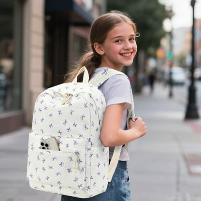 LEDAOU Backpack for Girls School Bag Kids Bookbag Teen Backpack Set Daypack with Lunch Bag and Pencil Case | Kids - color: Purple Bowtie -Beige