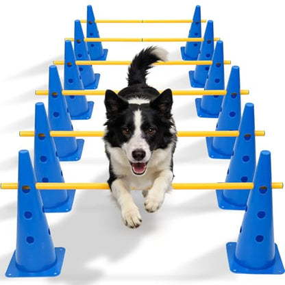 Wdmiya 18.9" Dog Agility Training Hurdle Cone Set, Dog Agility Course Backyard Set with Height Adjustable Crossbar, Dog Agility Equipment for Obedience, Rehabilitation, Starter - 12 Cones & 6 Poles