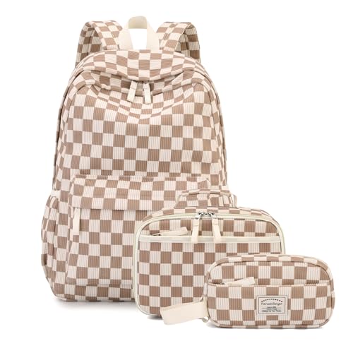 Tanweibago Backpack for Girls Boy Teen Corduroy Bookbags Elementary Middle High School Women Laptop Bag with Lunch Box Pencil Bag (Checkered Brown) - color: Checkered Brown