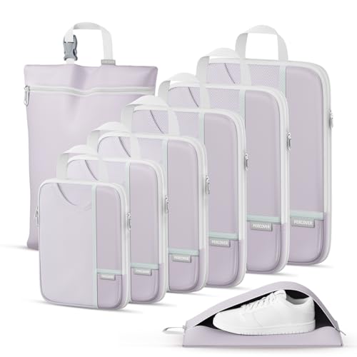Percover Compression Packing Cubes for Travel, 8-Piece Structured Compression Organizer Set with Laundry Bag & Shoe Bag for Carry-On & Checked Luggage, Purple - color: Purple, size: 8 Set