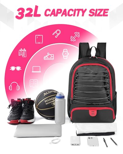 Basketball Bag Backpack for Men Women with Ball & Shoes Compartment 30L Capacity Lightweight Breathable Boys Girls Soccer Ball Bag Backpack Fit Volleyball Football Sports Travel School Gym - color: TK13Red