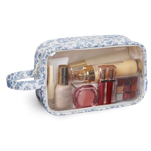Narwey Clear Toiletry Bags for Traveling Women Men, Clear Travel Bags for Toiletries Makeup Bag Cosmetic Bag with Zipper, Make Up Organizer, Skincare Bag (Blue Flower) - color: X-Blue Flower