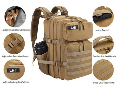 LHI Military Tactical Backpack for Men and Women 45L Army 3 Days Assault Pack Bag Large Rucksack with Molle System - color: 3.3 Khaki