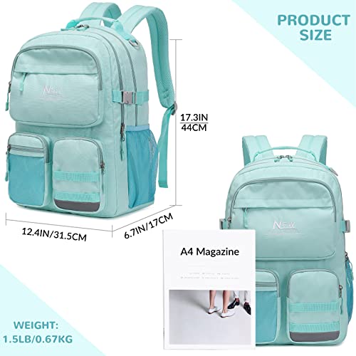Water Resistant Backpack for Teen Girls Boys Students, Casual Multi Pockets Daypack with 15.6 inch Laptop pocket for Travel School College (Water Blue) - color: Water Blue With Embroidery