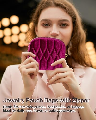Travel Jewelry Case,Mini Travel Jewelry Bag with Zipper,5-Layer Velvet Organizer Pouch for Bracelet Rings Earrings - Diamond Stitched Velvet Teal Blue - color: TealBlue