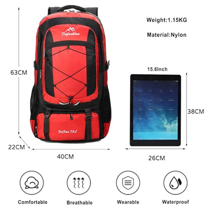 75L Hiking Backpack Trekking Rucksack Waterproof Daypack Durable Backpack for Women Men Camping Climbing Travel Outdoor Sports Red - color: Red