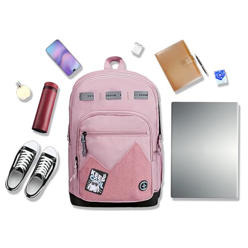 Swissdigital Design Big Student Laptop Backpack with Fun Personalized Patches For College Boy & Girl, Middle High School Teen Bookbag Cool Travel Daypack Pink -Includes 3 Patches | SD1718-81 - color: Pale Pink