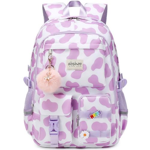 abshoo Big Student Laptop Backpack For College Women Middle High School Teen Girls Bookbag Travel Daypack (Cow Print Purple) - color: Cow Print Purple