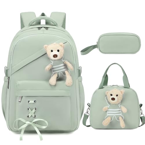 ACESAK School Backpack for Girls - 3 PCS Cute Girls Backpack with Lunch Box & Pencil Case - Kawaii Casual Kids Bookbag School Bag Daypacks Set for Elementary Middle High School Student Teens (Green) - color: Green