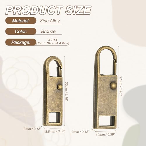 uxcell 8Pcs Zipper Pull Replacement, Metal Zipper Handle Mend Fixer Tab Repair for Luggage Suitcase Backpack Jacket Bags Boots Coat Handbags, (Bronze, 2 Size) - color: Bronze, size: Small/Medium