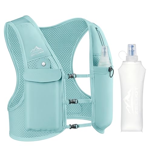 Zelvot Running Vest for Women Men, Adjustable Running Phone Holder Vest, USA Original Patent, Running Hydration Vest with 500ml Soft Flask, Reflective Running Backpack for Hiking Cycling - color: Light Blue, size: Medium-Large