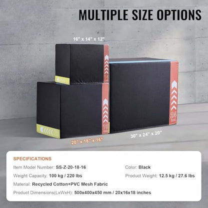 Plyometric Jump Box 3-in-1, 20/18/16 Inch, Cotton Plyo Box for Fitness, Agility & Strength Training, Anti-Slip Step Platform, Home Gym, Black