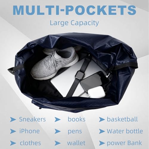 Tygelluis Drawstring Backpack, Waterproof Gym Bag with Water Bottle Pocket for Women Men, Pull String Sport Bag for Swim, Soccer and Basketball,Navy - color: Navy1