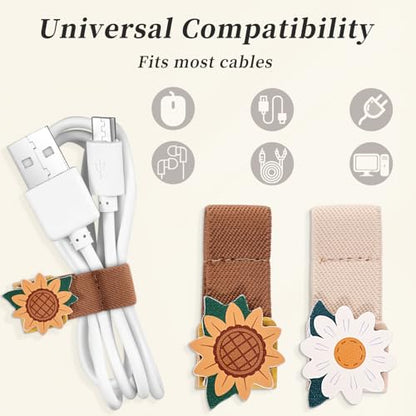2 PCS Cord Organizer,Cord Keeper,Cable Organizer USB Holder,Cable Straps,Earbud case,wrap Headphone,Headset Winder,Earphone Clips Ties,stocking stuffers Gifts for Women Leather Sunflower - style: Sunflower