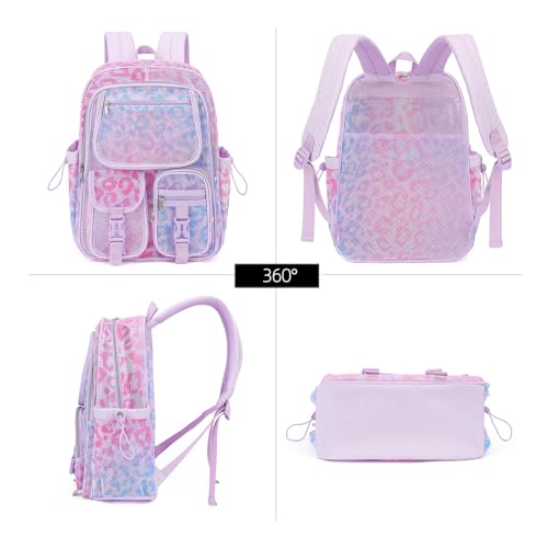 Leopard Purple Mesh Backpack for Girls Boys, Mesh Bookbags Heavy Duty Semi-Transparent School Bag for College, Travel, Beach, Swimming, Sports - color: Leopard Purple
