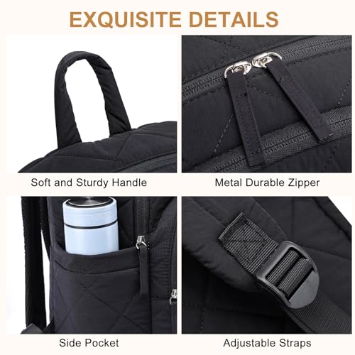 ZUBOND Backpack for Men and Women, School Backpack for Boys Girls, Quilted Casual Travel Daypack, Water-Resistant Bookbag for 15.6 Inch Laptop, Black - color: Black
