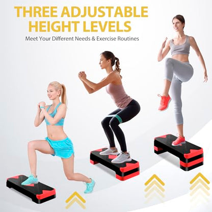 ZENY 26.5 inch Aerobic Step Platform with 4 Step Risers, Height Adjustable Exercise Stepper for Home Gym Workouts, 400 lbs Capacity - color: Red