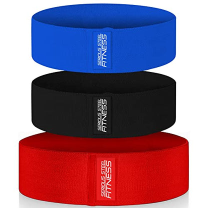 Serious Steel Fitness Hip and Glute Activation Band | Squat & Deadlift Warm-up Band for Hips and Glutes - color: Regular Three Pack (Blue-Medium, Black-Medium, Red-Large)
